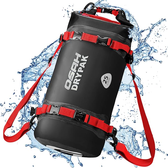 OSAH DRYPAK 25L Waterproof Dry Bag - Motorcycle Luggage Tail Bag with Straps for Back Seat Roll Top Lightweight Waterproof Backpack Sack for Travel Swimming Boating Kayaking Camping and Beach