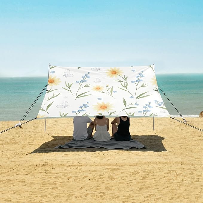xigua Wildflowers Beach Tent Sun Shelter with Carrying Bag - Silver Coated Oxford Fabric Beach Canopy for Beach Camping Fishing - Includes Windproof Ropes Sandbags &amp Stakes