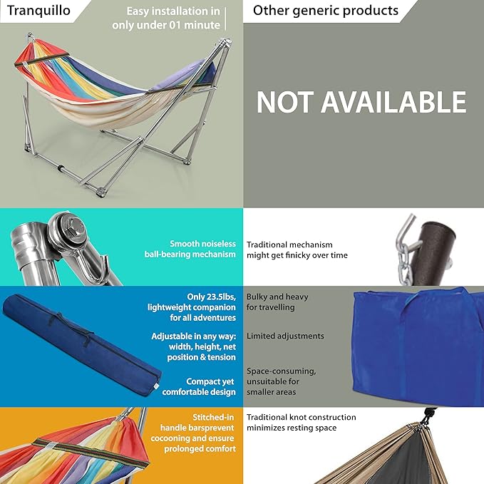 Tranquillo Double Hammock with Stand 550lb Capacity Double Hammock with Spreader Bar Solid Grade 201 Stainless Steel 30s Set Up Sturdy Flexible Hammock Stand Portable Outdoor Indoor Rainbow