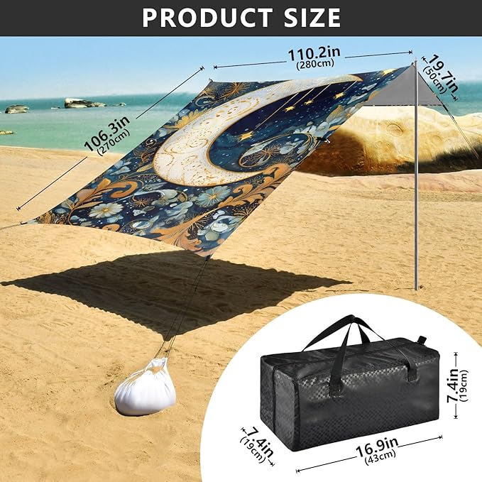ALAZA Moon Star Witchy Art Beach Tent Sun Shelter UPF50+ Protection Beach Shade Canopy w/ 4 Sandbags for Outdoor Camping Fishing Backyard Fun Picnic 10x9 ft