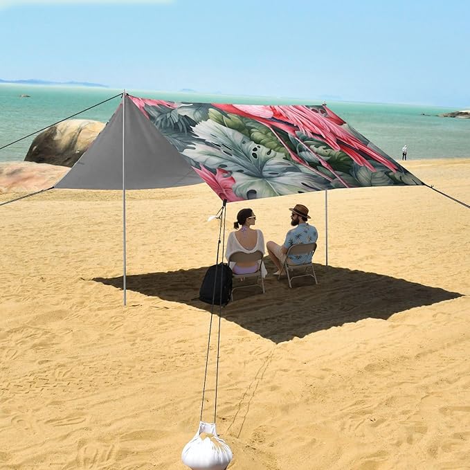 ALAZA Flamingo and Leaves Beach Tent Sun Shelter Portable Canopy Sunshade for Outdoor Camping Picnics Backyard Fun 10x9 ft