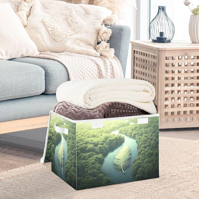 Storage Cube with Lid Huge Feather Print 16.5×12.6×11.8 IN Collapsible Large Capacity Foldable Storage Basket Bin Organizer