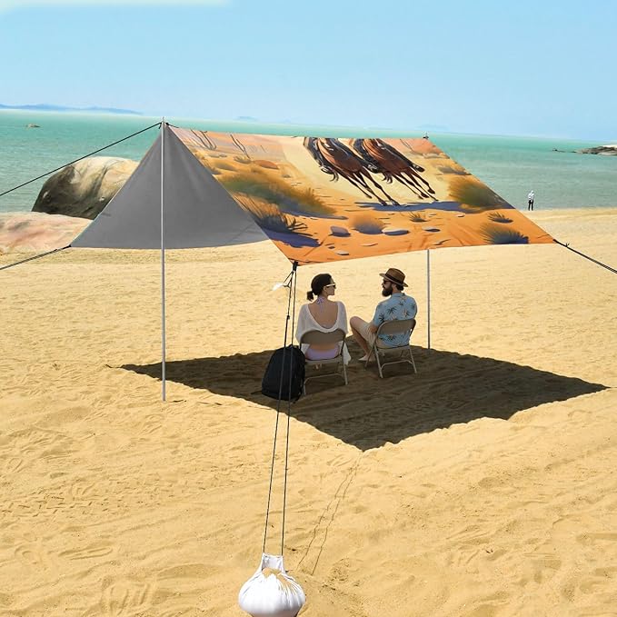 Beach Canopy with Windproof Ropes &amp Sandbags Beach Tent Sun Shade Sun Shelter for Camping Trips Fishing Backyard Fun or Picnics Cowboy