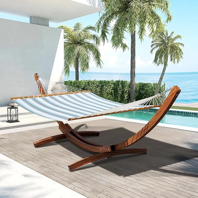 Lazy Daze Hammocks 12 FT 2 Person Double Quick Dry Textilene Hammock with Curved Steel Heavy Duty Stand for Outside Backyard Patio 450 Lbs Capacity Blue White Stripes