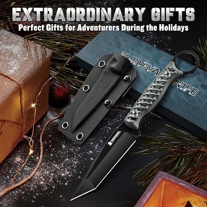 Tanto Fixed Blade Knife - Full Tang Survival Knife for Bushcraft - Camping Knives with Sheath - Black Knives Forged from a Single Piece of D2 Steel - Ideal Gift for Men - Green