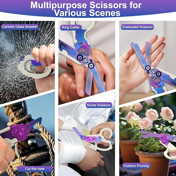 6 in 1 trauma shears folding emergency shear Outdoor Camping Tools Seat Belt Cutter Oxygen Cylinder Wrench Complimentary Adjustable Wrench (Luminous Purple)
