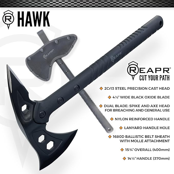 Reapr Tactical Hawk 7 Dual-Blade Throwing Axe – Survival Tomahawk with Spike &amp Axe Head Stainless Steel Nylon-Fiberglass Handle Belt Sheath – Camping Hunting Wood Splitting Gift for Outdoor