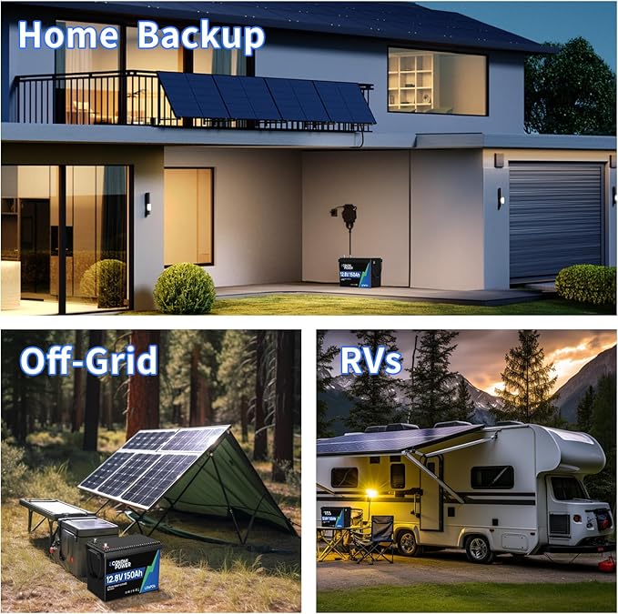 12V 150Ah LiFePO4 Lithium Battery Built-in 100A BMS 12V Deep Cycle Lifepo4 Battery for RV Camper Boat Solar Off-Grid Applications 15000+ Life Cycles