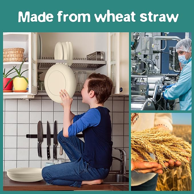 Teivio 32-Piece Kitchen Plastic Wheat Straw Dinnerware Set Service for 8 Dinner Plates Dessert Plate Cereal Bowls Cups Unbreakable Plastic Outdoor Camping Dishes Beige