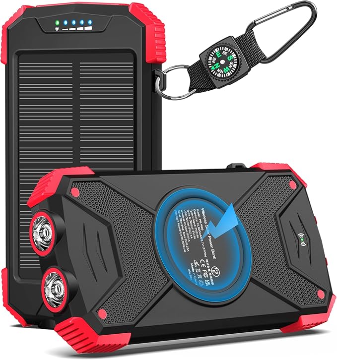 BLAVOR Solar Power Bank 10000mAh Portable Wireless Charger 20W Fast Charging External Battery Pack with USB C for Cell Phones Solar Panel Charging with Dual Flashlight for Camping