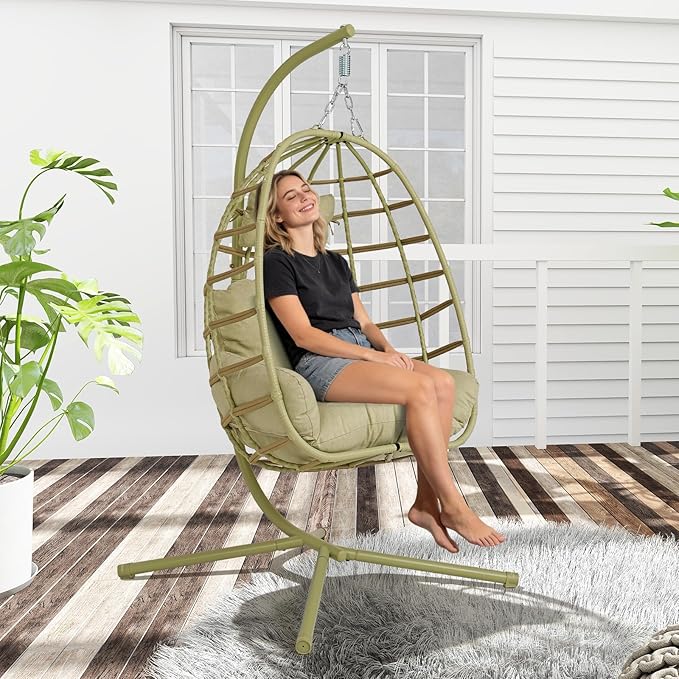 Hanging Egg Chair with Stand Outdoor Indoor Patio Rattan Swing Hammock Chairs with Washable Cushion 350lbs Capacity PE Wicker Swing Chair for Backyard Bedroom Garden (Cyan + Cyan Cushion)