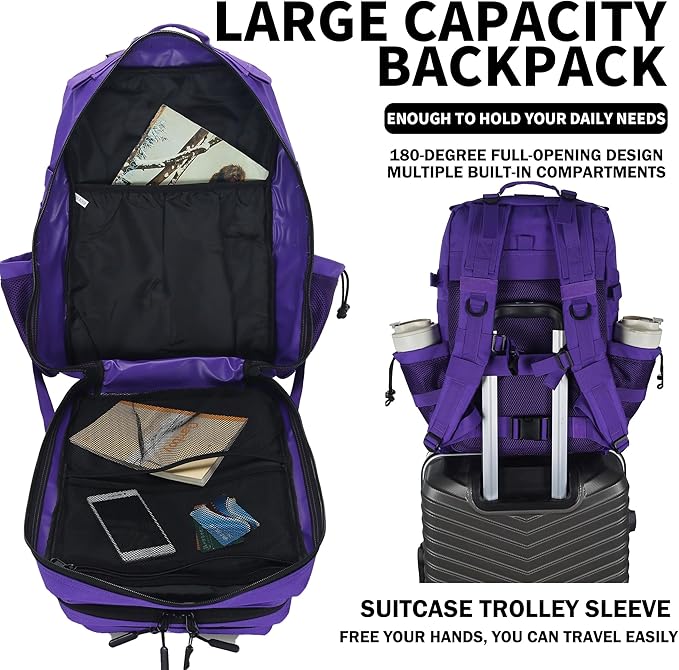 Sparklekle Military Tactical Backpack 45L 3 Day Assault Pack Waterproof Molle Hiking Rucksack for Men&ampWomen (Purple)