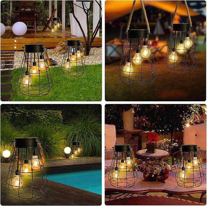 Solar Lantern 22.4 Outdoor Waterproof Solar Hanging Lights with Warm White LED Edison Bulb for Garden Patio Yard Large Lantern Black