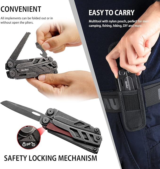 NexTool Heavy Duty Multitool Pliers with Pocket Scissors Replaceable Wire Cutters Nylon Sheath Folding Multitool Knife with Safety Lock for Camping Survival Home Repair DIY