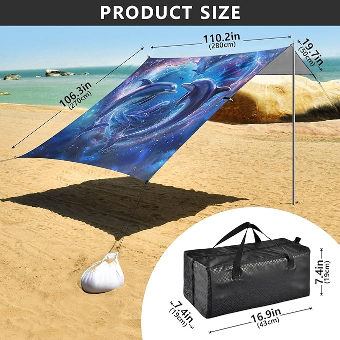 ALAZA Dolphins in Heart Space Beach Tent Sun Shelter Portable Canopy Sunshade for Outdoor Camping Picnics Backyard Fun 10x9 ft