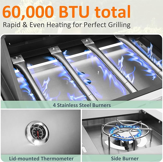 Polar Aurora Propane Gas Grill 4 Burners with Side Burner Stainless Steel Grill Cart with Wheels for Outdoor Patio Garden Backyard Cooking bbq Grill