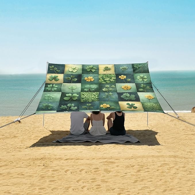 St Patrick's Clovers Plaid Beach Tent Sun Shelter Set UPF50+ UV Protection 10.5 x 9.19 FT Camping Shade Canopy with Sandbags Sand Anchors Carrying Bag and Others