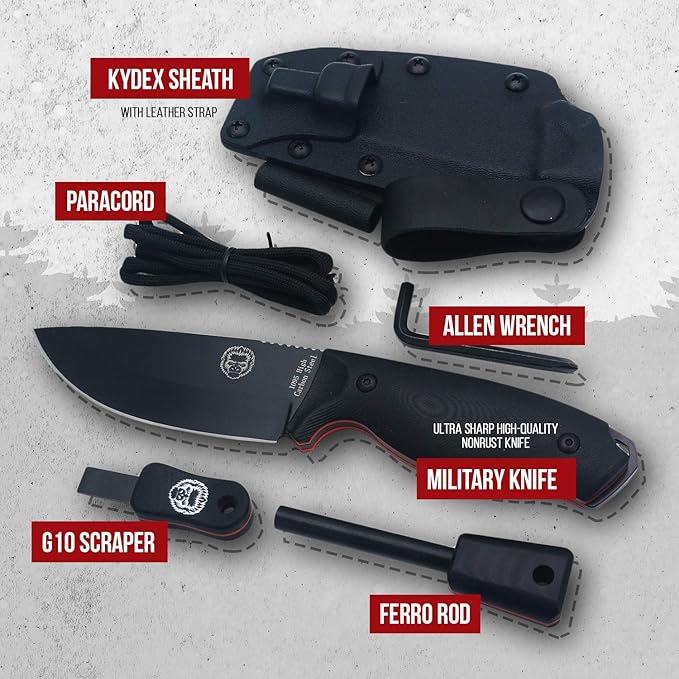 Holtzman's Gorilla Survival Bloodline Fixed Blade Knife with Sheath - Full Tang 1095 High Carbon Steel - Outdoor Bushcraft &amp Hunting Knife for Survival Gear