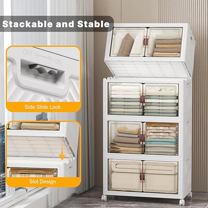 UAMFURI Stackable Storage Bins with Lids Extra Large Plastic Organizer Cabinet Drawers 448QT Collapsible Closet Containers with Doors and WheelsFor Bedroom Office Garage(4Pack Cube)