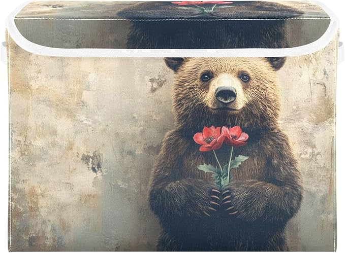 AIXIWAWA Lidded Storage Cube (Bear Valentine) Fabric Foldable Closet Bins with Flip Lid and Handles Organizer Basket Container 16.5 x 12.6 x 11.8 IN