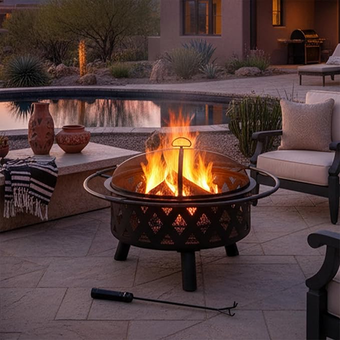 Sunnydaze Crossweave Outdoor Fire Pit - Wood-Burning Fire Pit for Outside with Spark Screen Poker and Round Cover - 30-Inch - Black