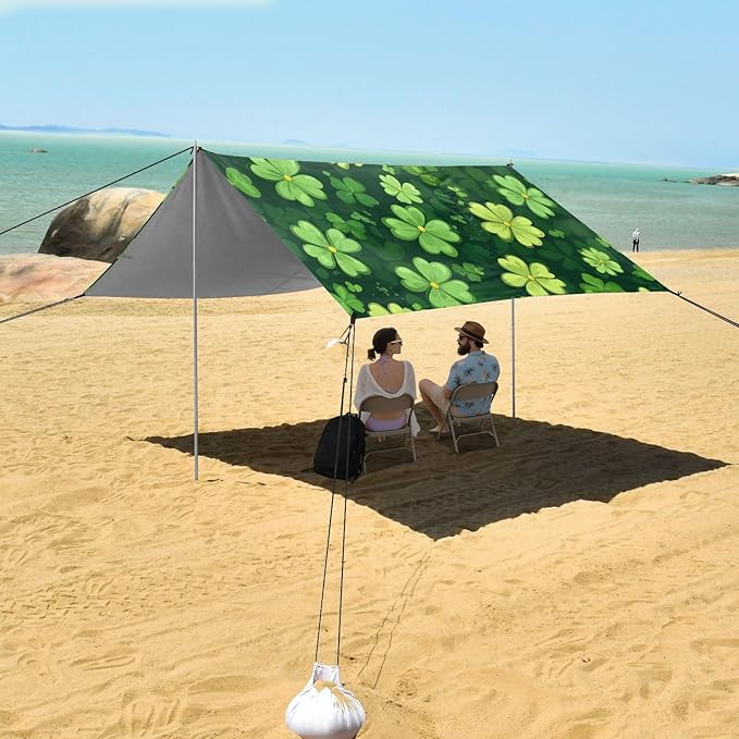 St Patrick's Day Clovers Beach Tent Sun Shelter Set UPF50+ UV Protection 10.5 x 9.19 FT Camping Shade Canopy with Sandbags Sand Anchors Carrying Bag and Others