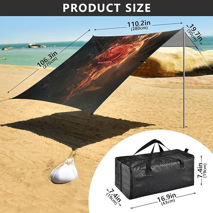ALAZA Red Rose Flower Fire Beach Tent Sun Shelter UPF50+ Protection Beach Shade Canopy w/ 4 Sandbags for Outdoor Camping Fishing Backyard Fun Picnic 10x9 ft