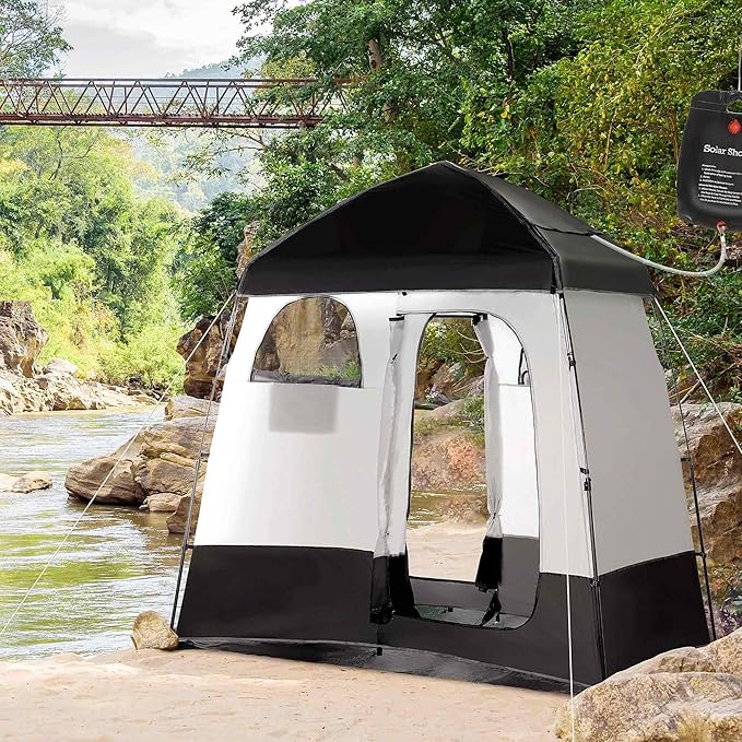 Camping Shower Tent - Instant Setup 2 Room Privacy Shelter w/20L Shower Bag 2000mm Waterproof Enclosure &amp Detachable Floor Portable Bathroom Tent for Beach/Camping/RV