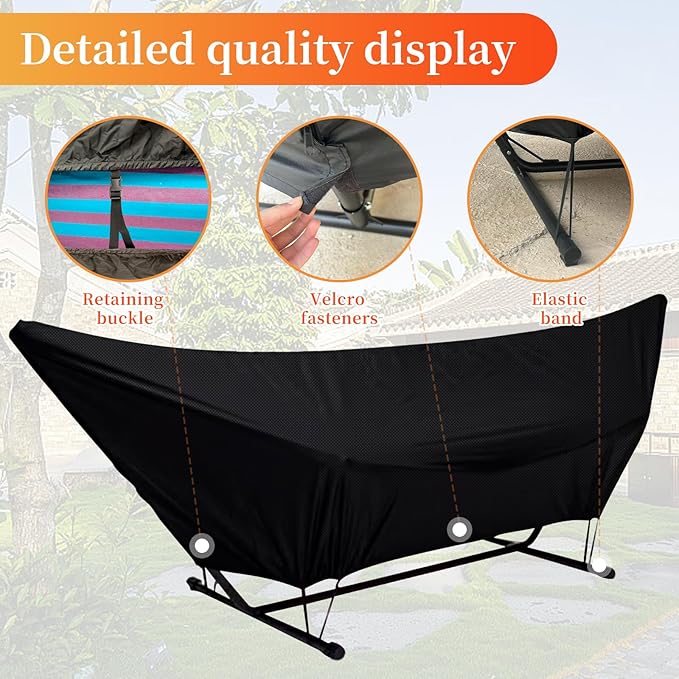 Hammock Cover Waterproof420D Heavy Duty Oxford Cover with Elastic Ropes and Fastening Tapefor 10-15FT Hammock Stand (59 * 177 * 39inBlack)