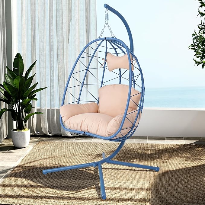 Hanging Egg Chair with Stand Outdoor Indoor Patio Rattan Swing Hammock Chairs with Washable Cushion PE Wicker Swing Chair for Backyard Bedroom Garden (Blue + Beige Cushion No Footrest)