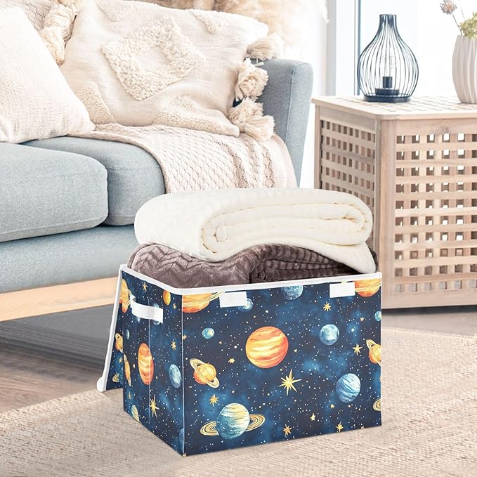 AIXIWAWA Lidded Storage Cube (Watercolor Planets) Fabric Foldable Closet Bins with Flip Lid and Handles Organizer Basket Container 16.5 x 12.6 x 11.8 IN