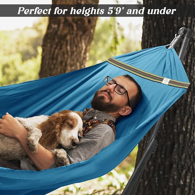 Tranquillo Uniki Hammock Stand 550 lbs Capacity Portable Collapsible Outdoor Hammock with Stand Signature Steel Stand Breathable Canvas Hammock Net Blue