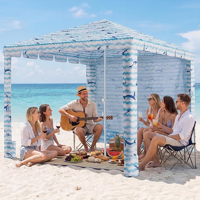 Umineux Beach Cabana - 6FT/8FT Beach Canopy with Side Wall Easy Setup Beach Tent Sun Shelter Waterproof Tent - Portable Shade for Whole Family (Blue Whale 8FT)