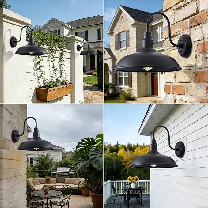 Large Black Gooseneck Barn Light for Farmhouse 16in Dome Outdoor Wall Lights for Porch 4 Pack Exterior Lighting Fixture with Goose Neck Arm for Front and Back Porch House Garage Door