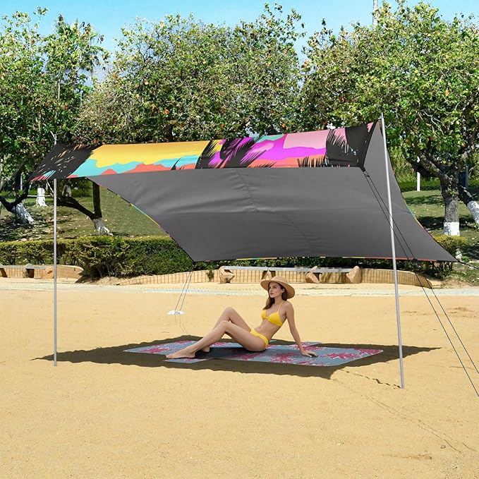 xigua Palm Tree Beach Tent Sun Shelter with Carrying Bag - Silver Coated Oxford Fabric Beach Canopy for Beach Camping Fishing - Includes Windproof Ropes Sandbags &amp Stakes