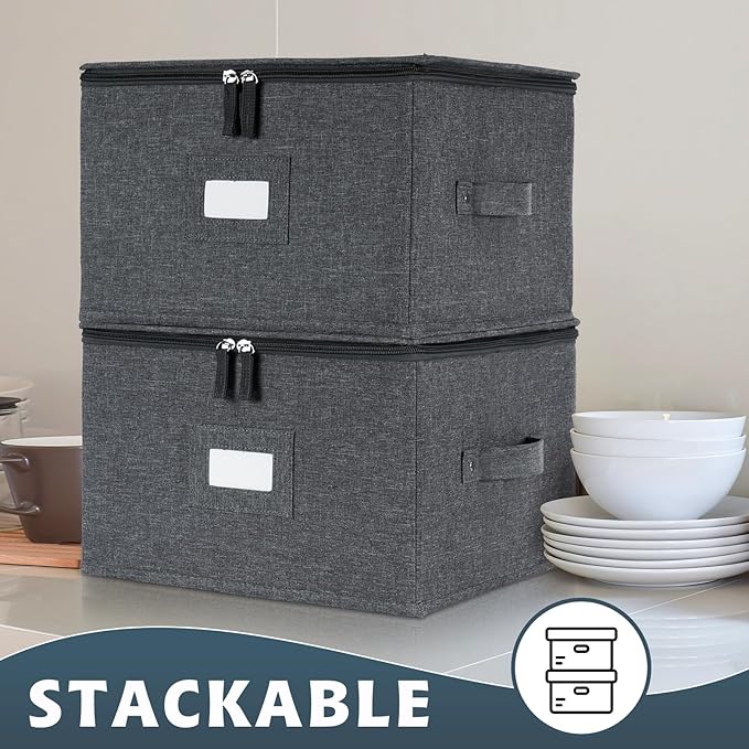 popoly China Storage Containers Hard Shell Inside 12 W x 8 H Dinner Plate Storage Containers for Dishes Dinnerware with 24 Felt Dividers Hold 24 Plates Stackable (2 Pack Grey)