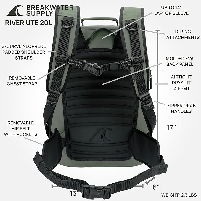 Breakwater Supply™ River Ute Waterproof IP68 Fishing Backpack Floating TPU Submersible Dry Bag with Padded Hip Belt and Airtight Zippers | 20L (River Ute 20L Marsh Green)