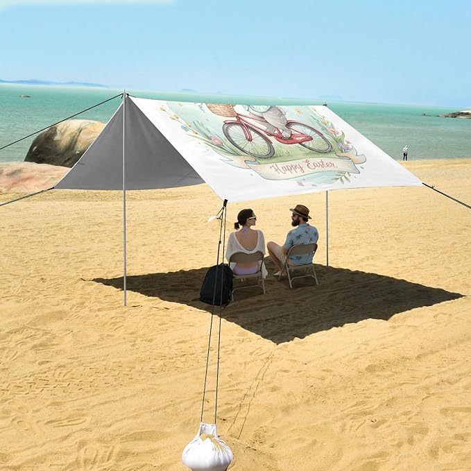 xigua Easter Bunny Beach Tent Sun Shelter with Carrying Bag - Silver Coated Oxford Fabric Beach Canopy for Beach Camping Fishing - Includes Windproof Ropes Sandbags &amp Stakes