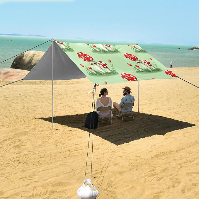 xigua Mushroom Beach Tent Sun Shelter with Carrying Bag - Silver Coated Oxford Fabric Beach Canopy for Beach Camping Fishing - Includes Windproof Ropes Sandbags &amp Stakes