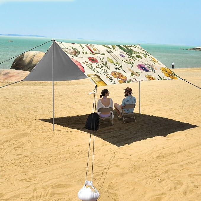 Flowers Leafs Beach Tent UPF50+ Protection Water-Resistant Large Portable Sun Shelter with Sandbags &amp Sand Shovel for Family Trips Picnics &amp Camping