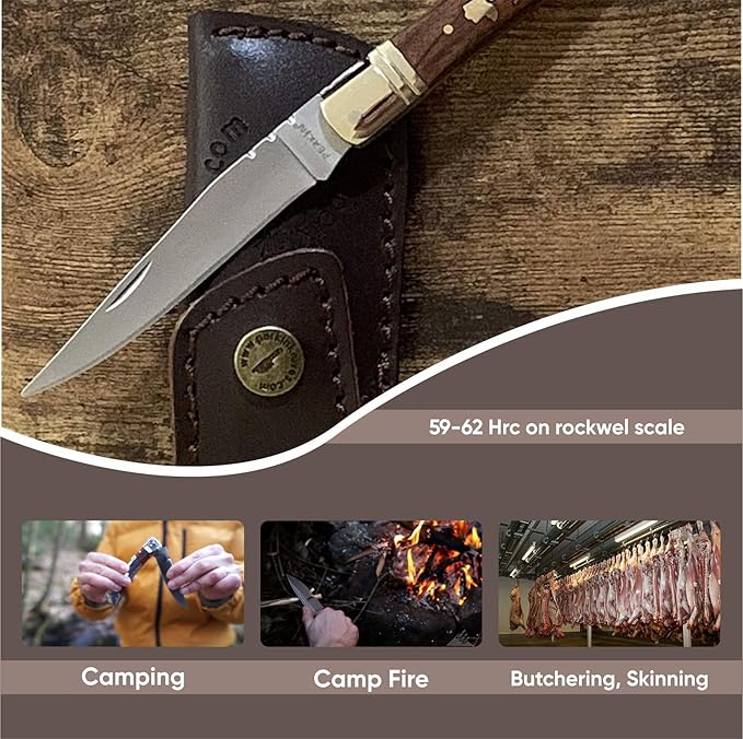 Perkin Handmade Pocket Knife with Leather Sheath - Legal Foldable Pocket Knifes for Men and Women Small EDC Lightweight Folding Knives with Laguiole Type-Gift for Unisex Adult Everyday Carry.