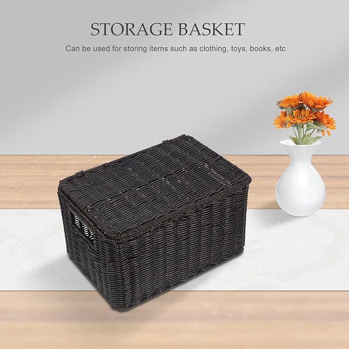 Angoily Lidded Storage Basket 33x22.5x18.5cm Simulated Rattan Woven Closet Organizer Storage Bin for Clothing