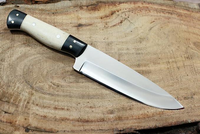 GCS Handmade D2 Tool Steel Bone Handle Hunting Skinning Camping Knife with Brown Leather Right or Left Hand Horizontal Fixed Blade Knife Sheath GCS207