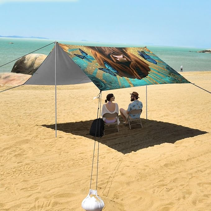 ALAZA Highland Cow Roses Sunflowers Beach Tent Sun Shelter Portable Canopy Sunshade for Outdoor Camping Picnics Backyard Fun 10x9 ft