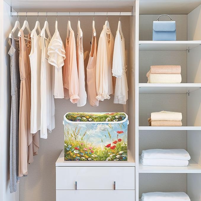 senya Large Storage Bins with Linen Oil Painting Flower Collapsible Foldable Storage Cubes Fabric Closet Organizer Containers Box with Flip-Top Lid for Home Bedroom Office 16.7 x 12.6 x 11.8in