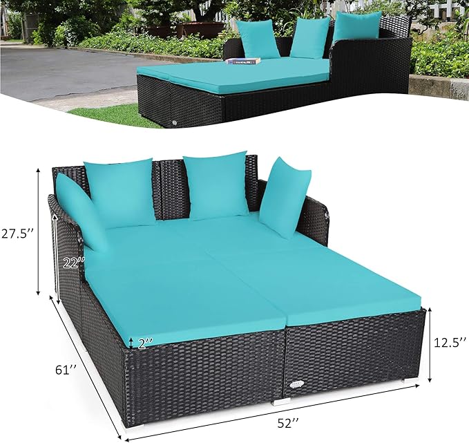 Tangkula Outdoor Rattan Daybed Sunbed Wicker Furniture w/Spacious Seat Upholstered Cushion &amp High-Resilience Sponge Wicker Patio Sofa Set w/Extra Pillows for Courtyard Poolside(Turquoise)