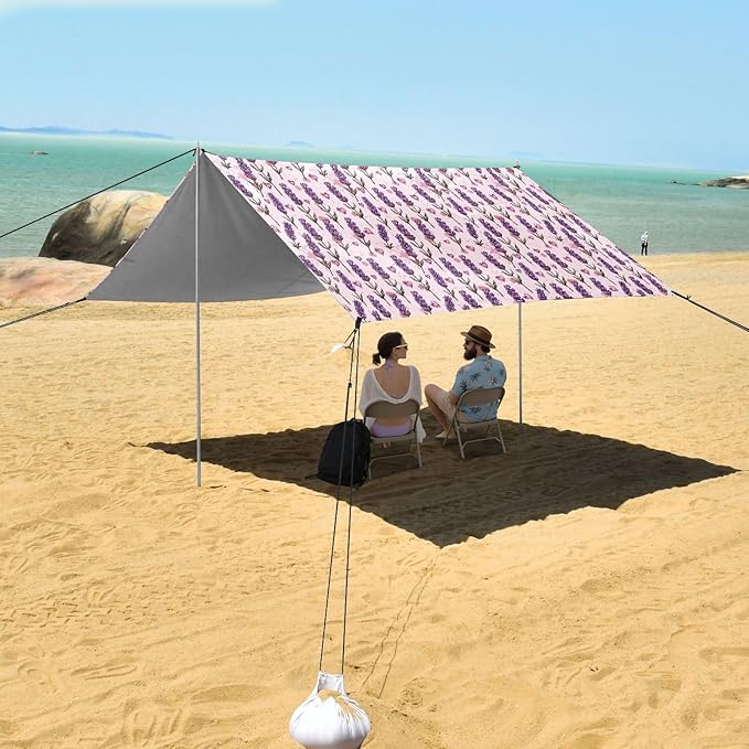 ALAZA Lavender Flower Floral Heart Beach Tent Sun Shelter UPF50+ Protection Beach Shade Canopy w/ 4 Sandbags for Outdoor Camping Fishing Backyard Fun Picnic 10x9 ft