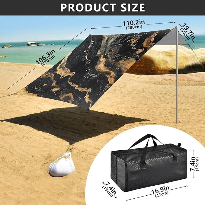 ALAZA Golden Marble on Black Beach Tent Sun Shelter Portable Canopy Sunshade for Outdoor Camping Picnics Backyard Fun 10x9 ft