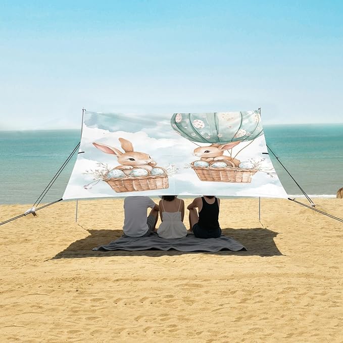 ALAZA Cute Bunnies Flying Baskets Hot Air Balloons Easter Eggs Beach Tent Sun Shelter Portable Canopy Sunshade for Outdoor Camping Picnics Backyard Fun 10x9 ft