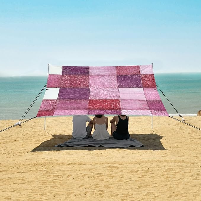 Palevioletred Checked Hand-Drawn Sketch Beach Cabana UPF50+ Water-Resistant Shade Sun Shelter with Sandbags Sand Shovel Poles for Backyard and Camping
